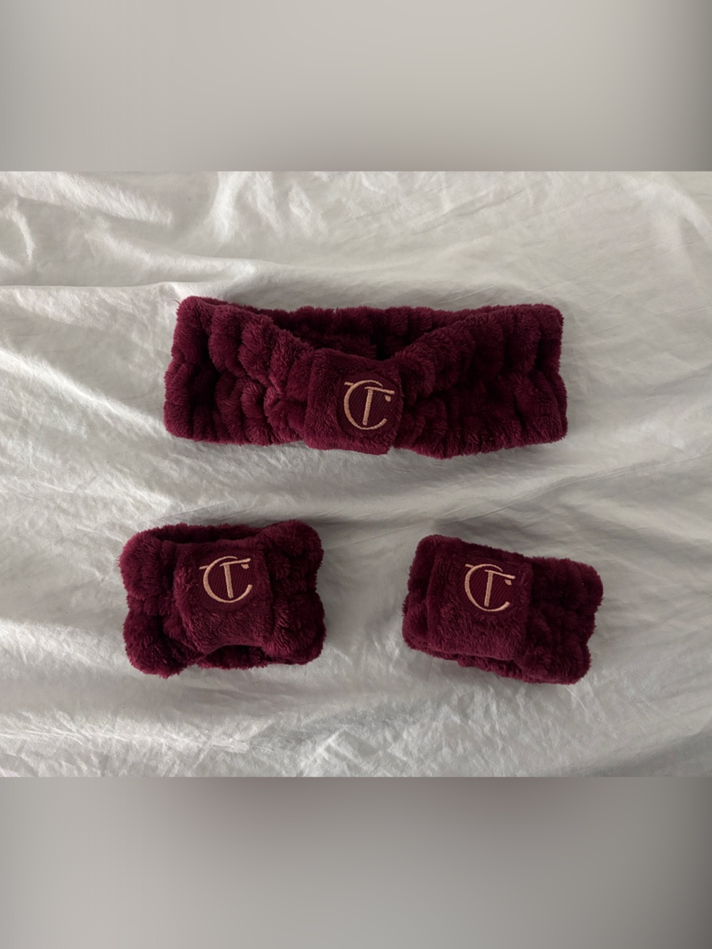 Charlotte Tilbury Burgundy Plush Headband with Matching Wrist Wraps